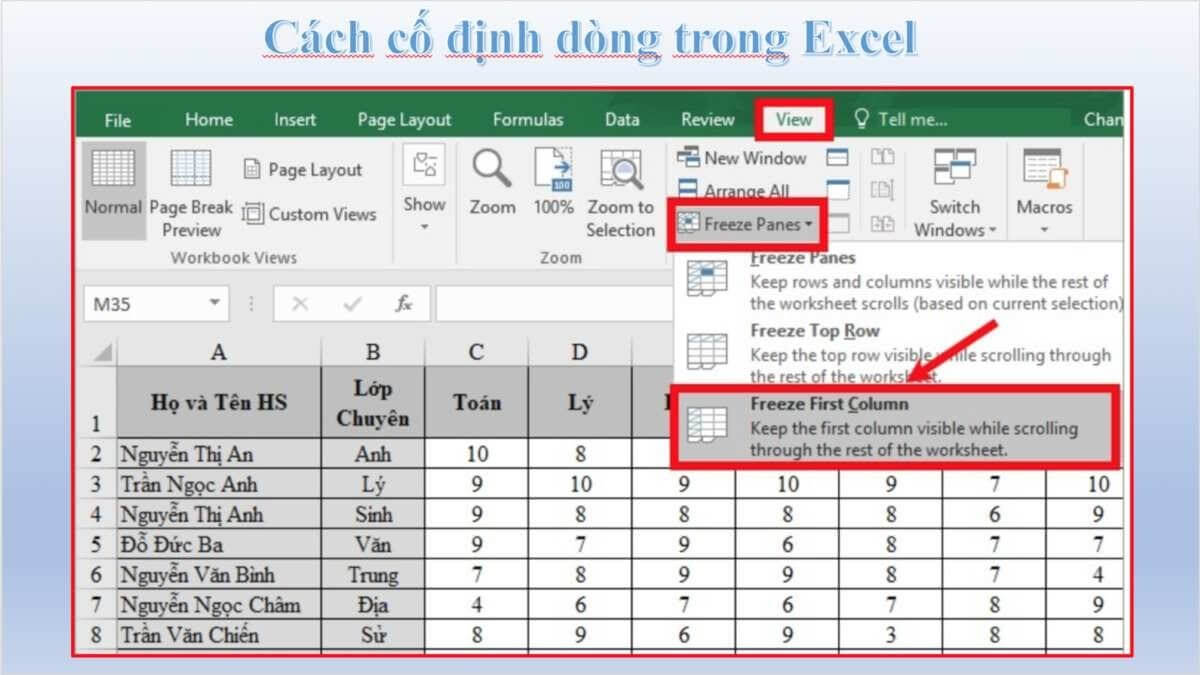 Thao tác để cố định cột đầu tiên trong Excel