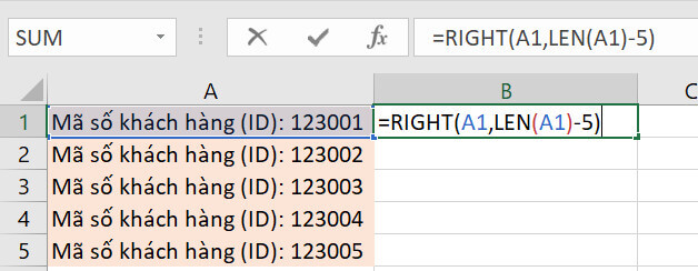 Sử dụng hàm RIGHT để loại bỏ chữ đầu trong Excel