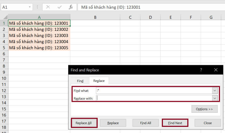 Sử dụng tính năng tìm kiếm và thay thế để loại bỏ chữ đầu, cuối trong Excel