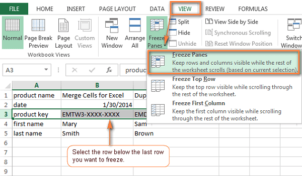 Cách khóa nhiều dòng trong Excel và kết quả hiện thị