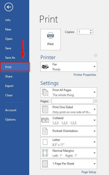 Từ File trên thanh công cụ tài liệu, chọn Print