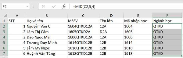 Kết quả sử dụng hàm MID để tách chữ trong Excel