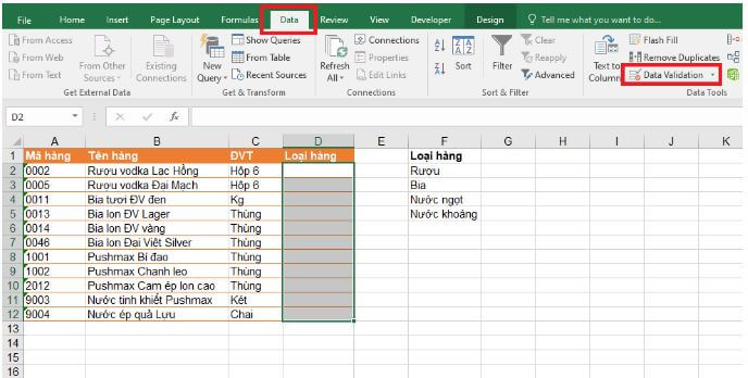Chọn Data Validation tạo danh sách tuỳ chọn trong Excel
