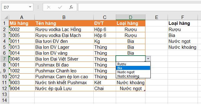 Kết quả tạo danh sách tuỳ chọn trong Excel với Data Validation