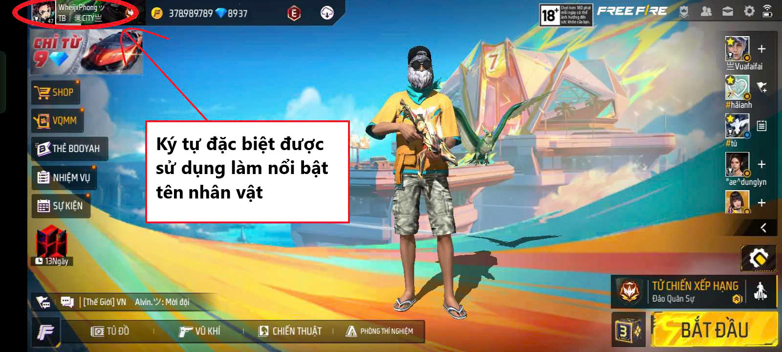 Ký tự đặc biệt được sử dụng để làm nổi bật tên nhân vật trong game